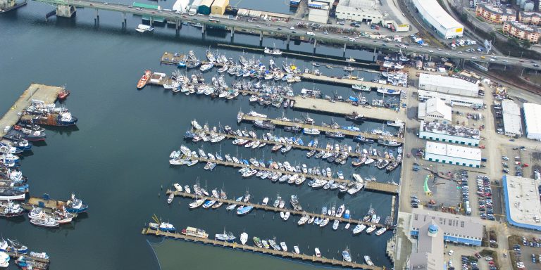 Aerial image of the Ballard Bridge and boat docks along the Lake Washington Ship Canal.